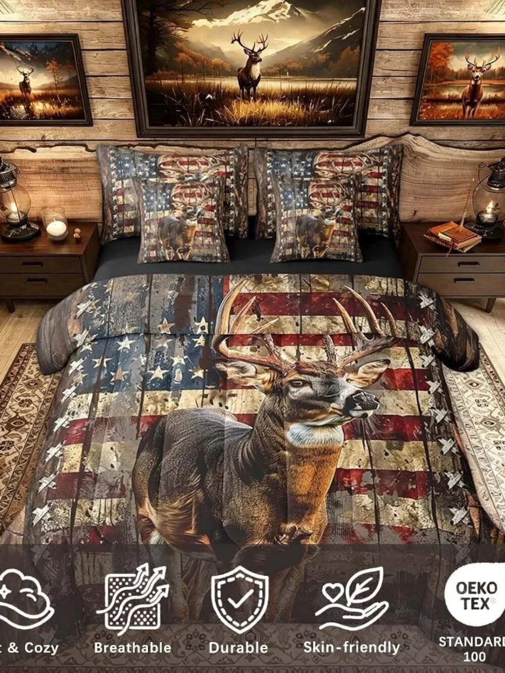 Deer Hunting Comforter Set with Sheets American Flag 7 Piece Bedding Set Queen S
